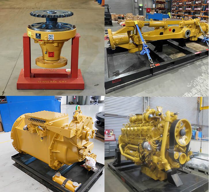 Collage of rebuilt yellow mining components and engines on workshop pallets.