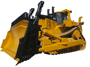 CAT track dozer with large angled blade isolated on transparent background.